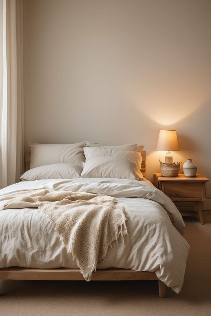 Earthy bedroom with warm lighting and soft neutral bedding 