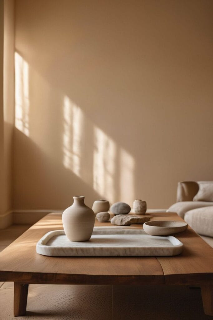 Earthy home interior with stone and clay decor details