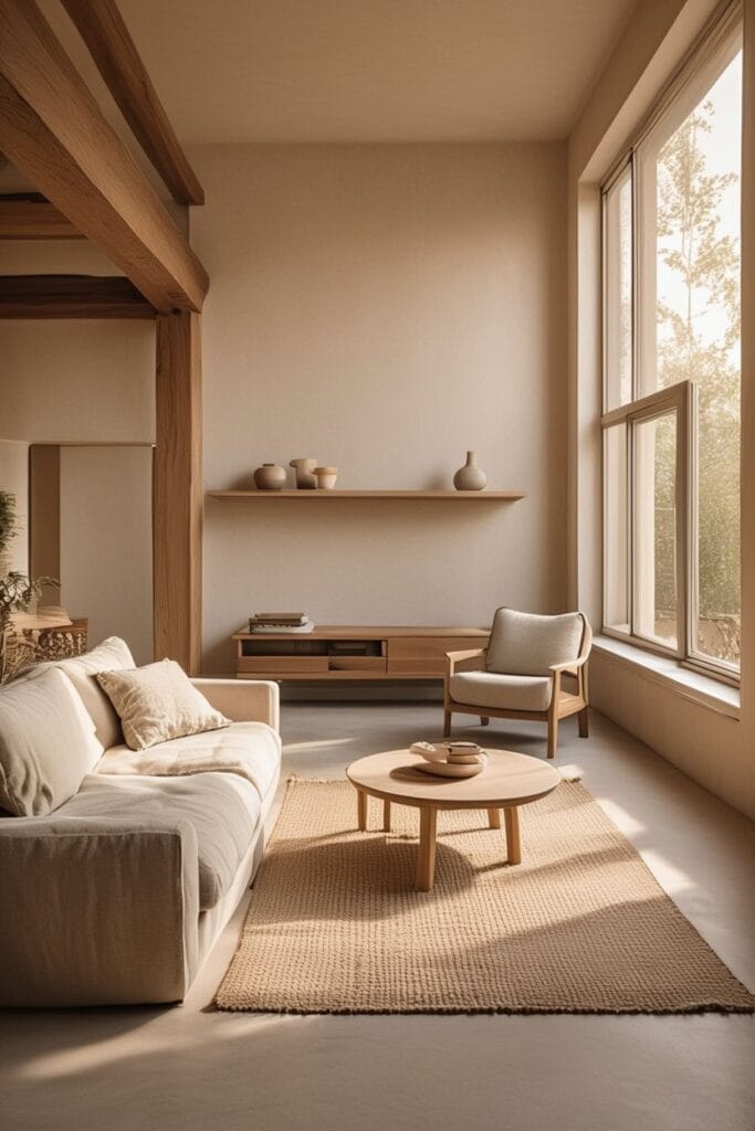 Earthy home interior with open airy layout and natural light 