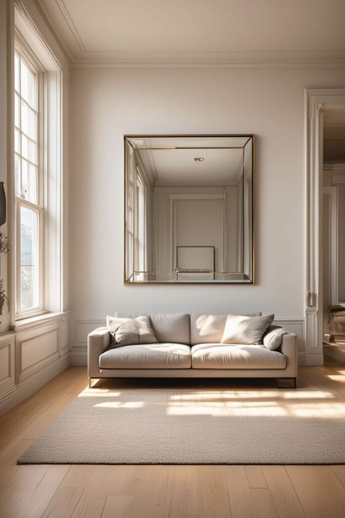 Oversized wall mirror in a bright modern living room reflecting natural light and creating a spacious elegant look