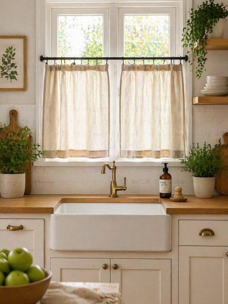 Cafe curtains cozy kitchen window warm natural light farmhouse style