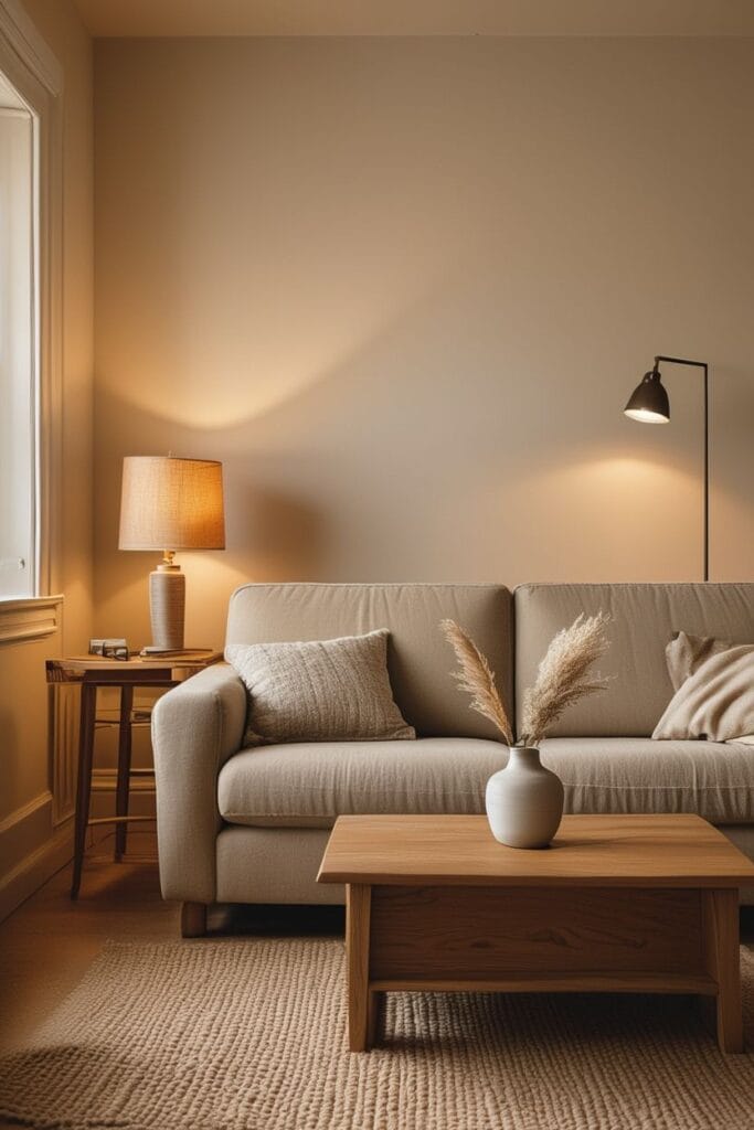 Earthy home interior with warm soft lighting and cozy glow 