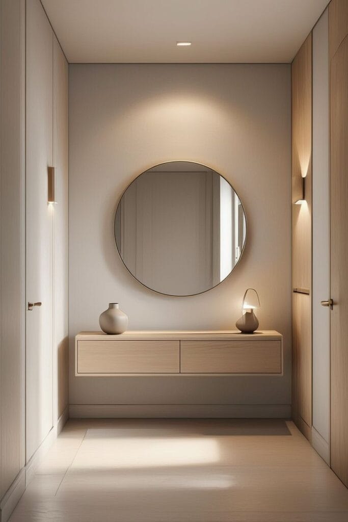 Decorative wall mirror with warm wall sconces creating soft layered lighting in an elegant dining room 