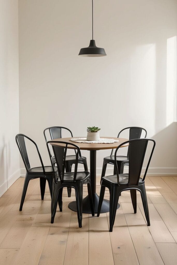 Metal frame chairs in small apartment dining space