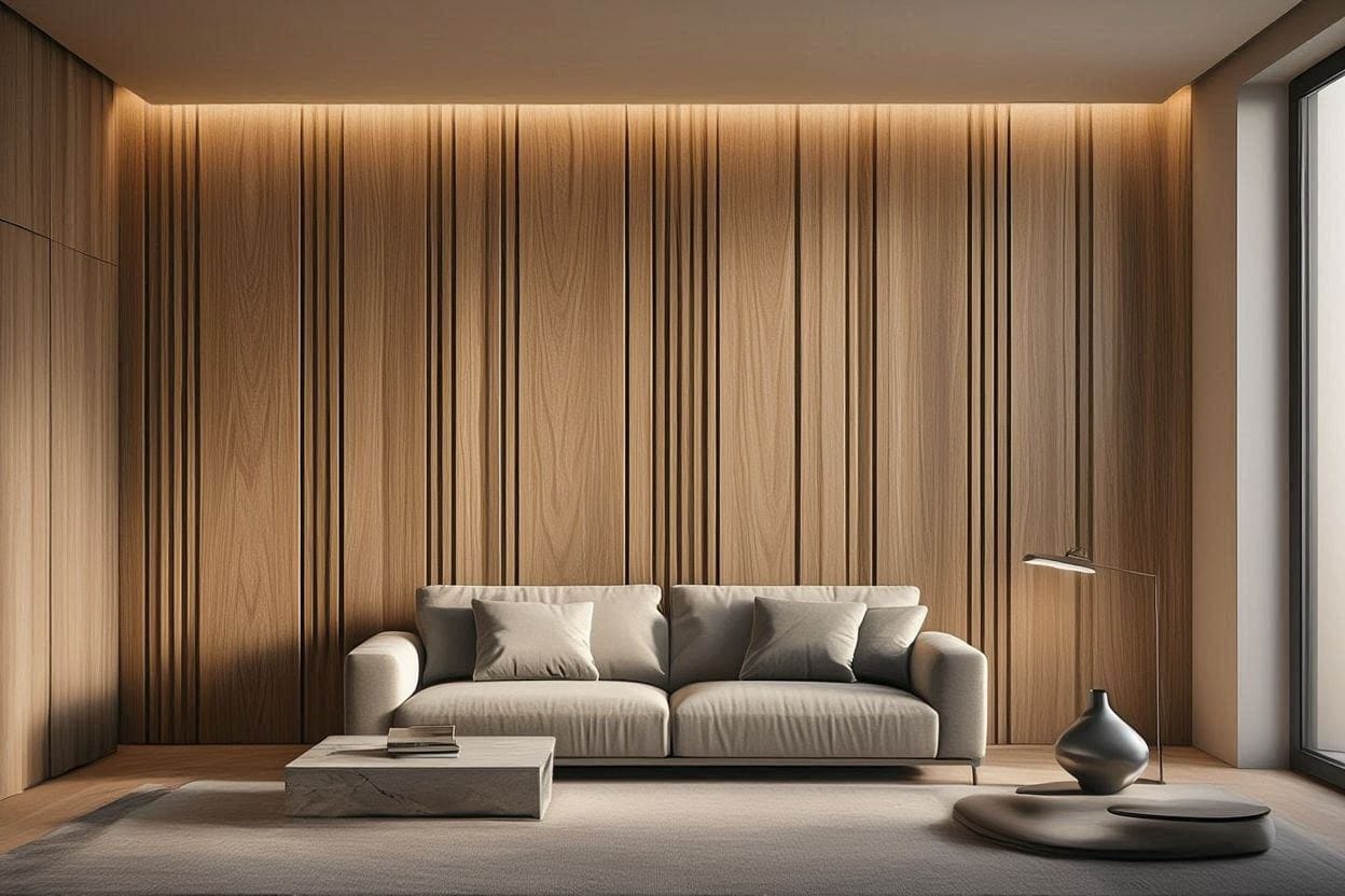 Luxury living room with modern wood accent wall design