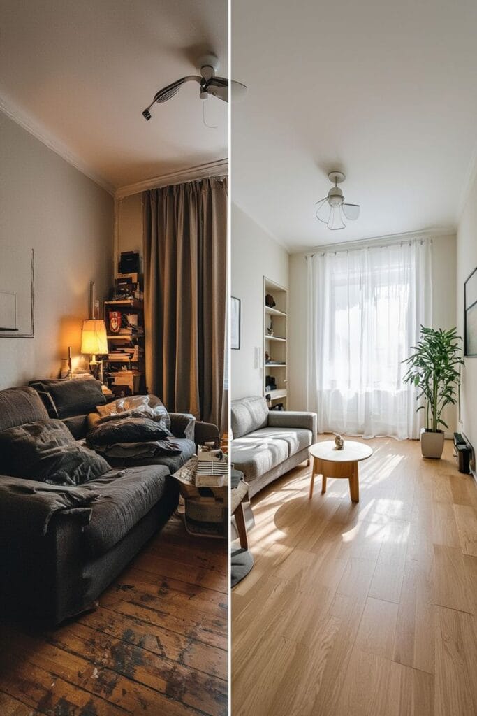 Smart small living room design for apartments with organized layout and light colors