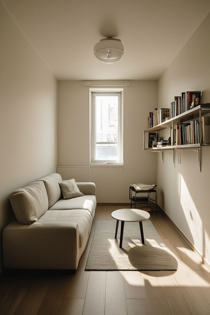 Small living room in apartment with compact layout and minimal furniture