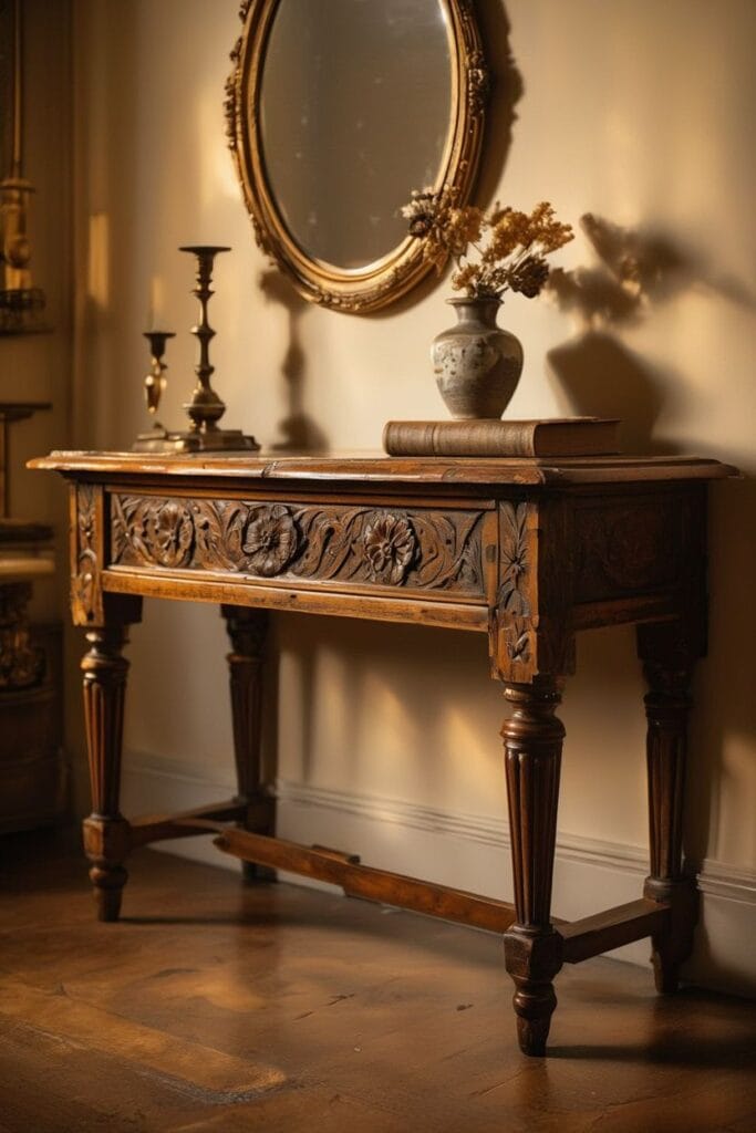 Antique wooden furniture in vintage home decor living room 