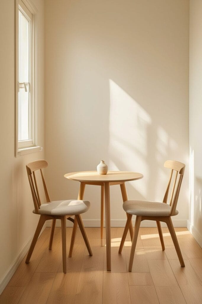 Slim wooden chairs in small apartment dining space