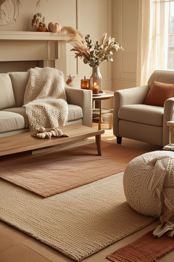 Layered rugs in cozy fall decor ideas living room 