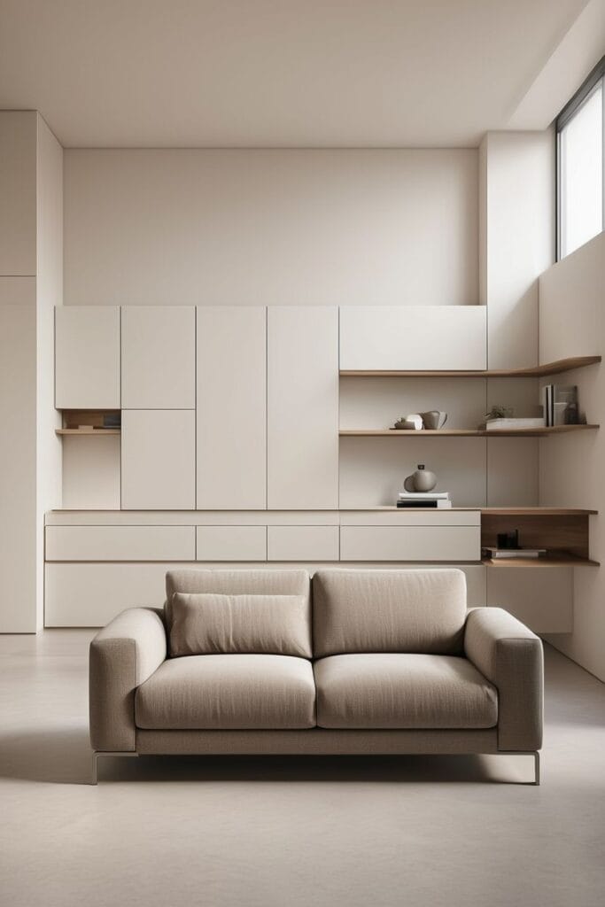 Built-in smart storage example showing how to design a conteporary home with clean surfaces and hidden cabinetry