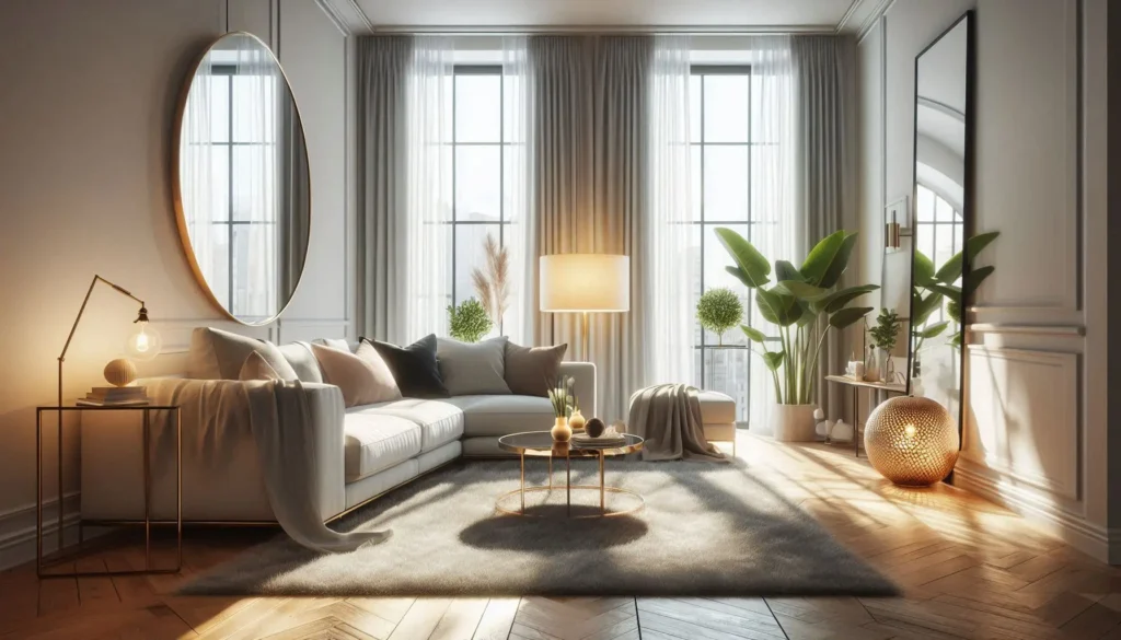 Modern living room styled with statement mirror , table lamps and area rugs