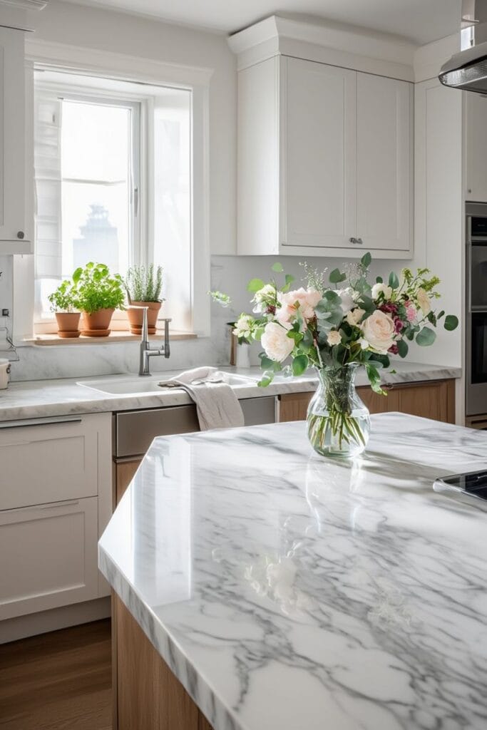 Luxury kitchen decor ideas with greenery and fresh flowers