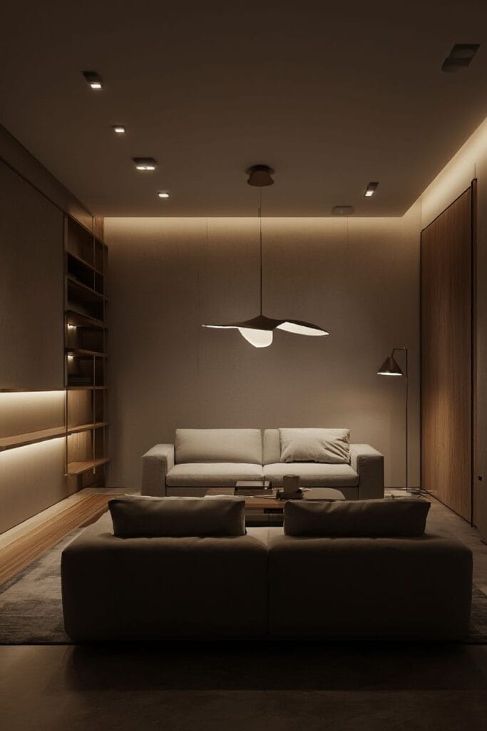 Layered lighting example showing how to design a contemporary home with ambient, task, and accent lighting