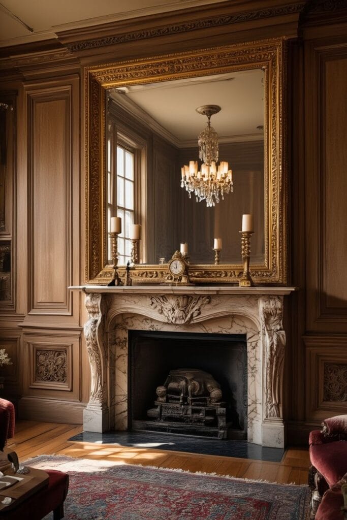 Ornate gold mirror in rich vintage home decor setting 