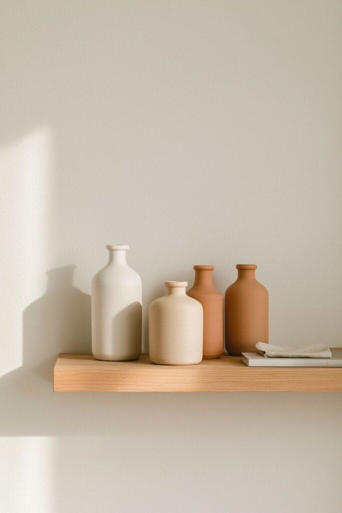 Small ceremic vases as shelf decor accessories on modern shelf 