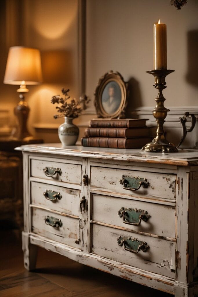 Distressed cabinet in vintage home decor style