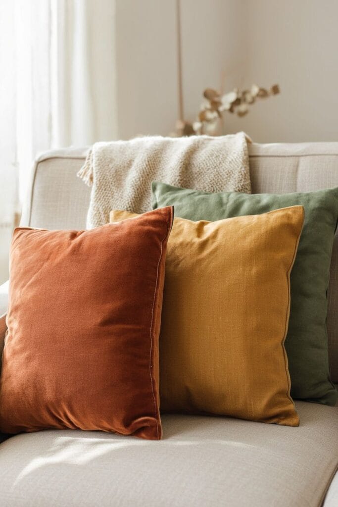 Fall decor ideas with earthy textured pillows in warm tones