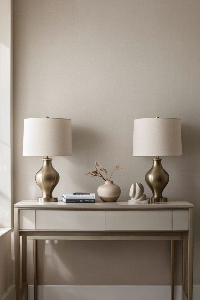 Matching table lamps used for symmetry in luxury entry table decor 