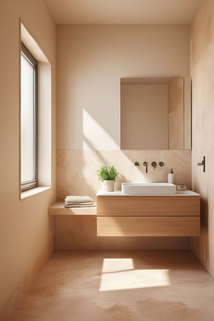 Warm minimalist bathroom decor ideas 2026 with beige and taupe tones 