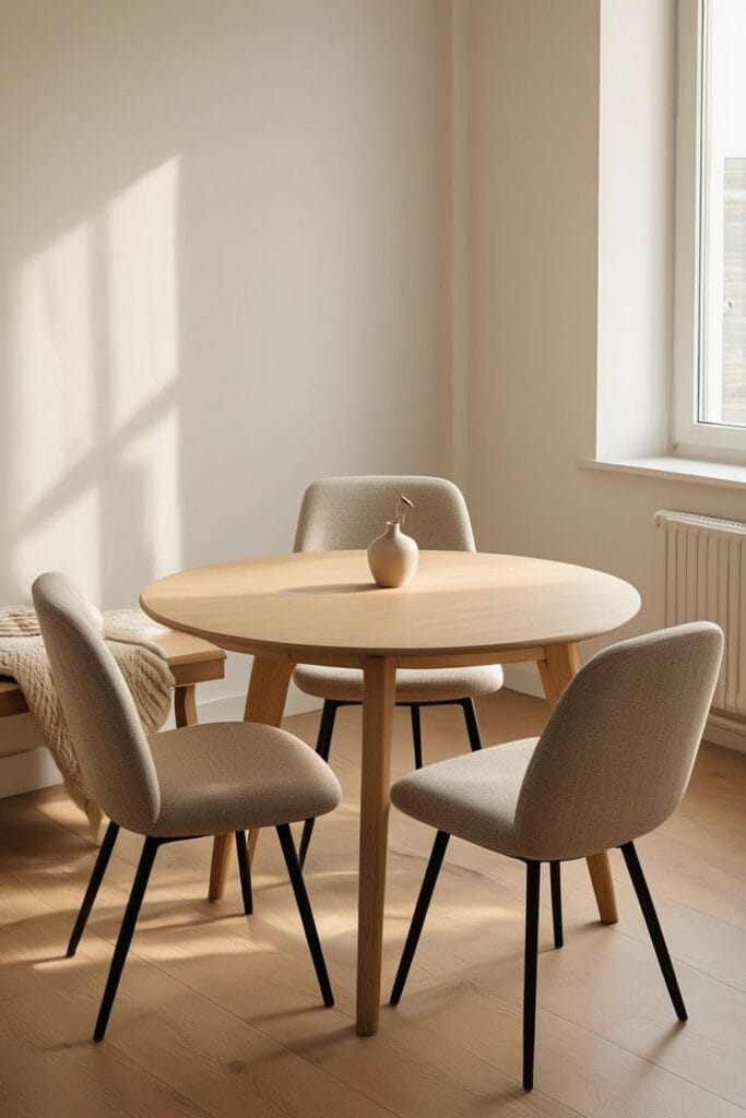 Compact upholstered chairs in small dining space with slim legs