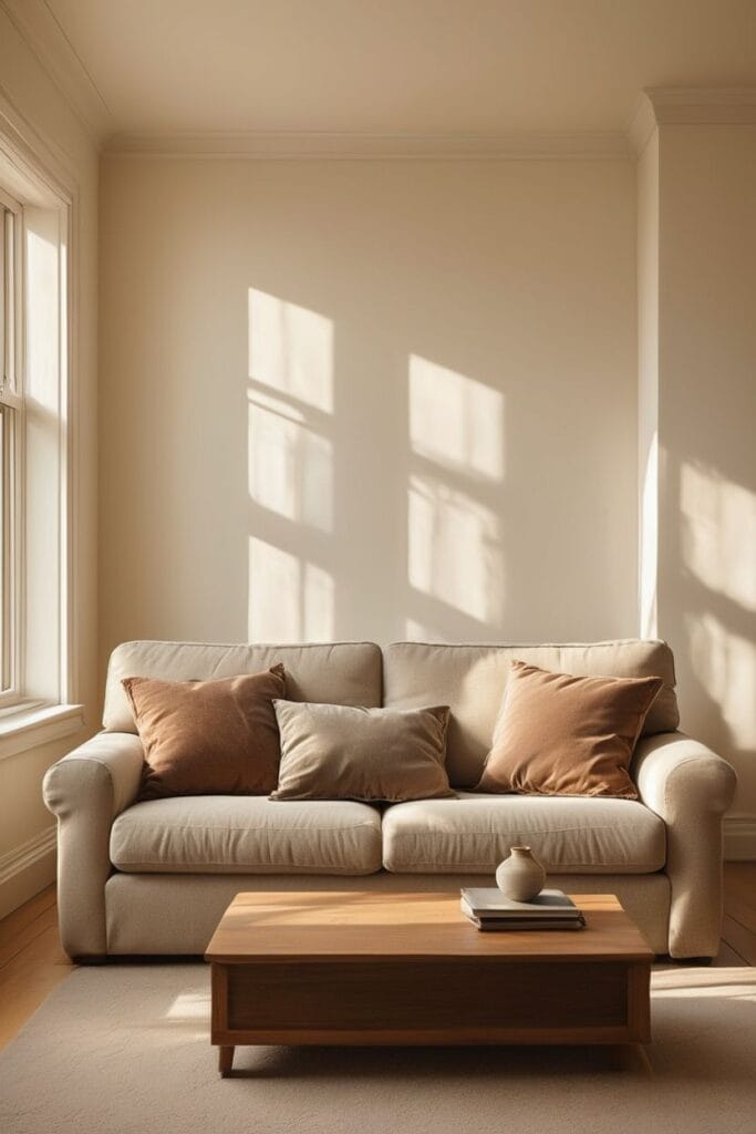 Warm neutral earthy home interior living room with beige tones and natural decor 