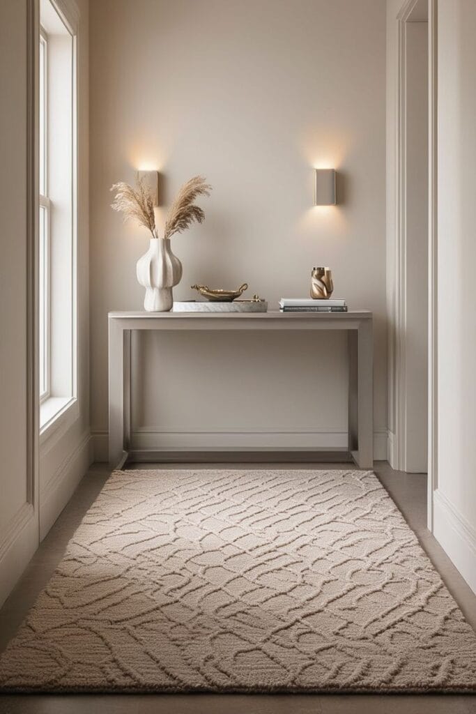 Textured runner rug beneath console table in luxury entry table decor