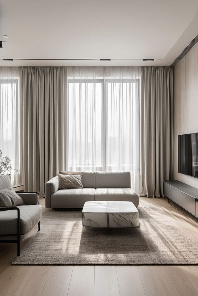 Soft grey sheer curtains styled in a modern home interior 