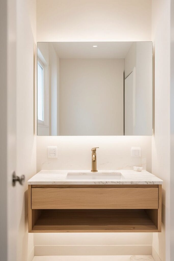 Small bathroom ideas with wall-to-wall mirror and floating vanity in warm neutral tones