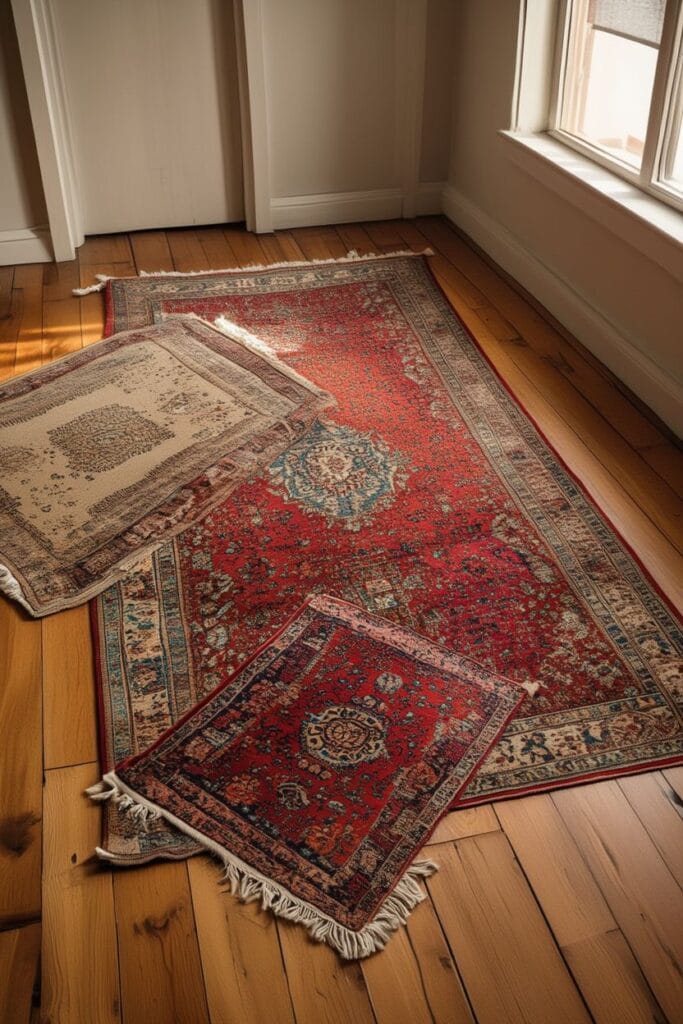 Layered vintage rugs adding depth to vintage home decor
