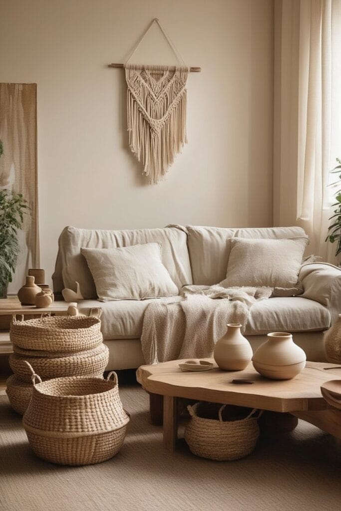Earthy home interior with woven baskets and handcrafted decor 