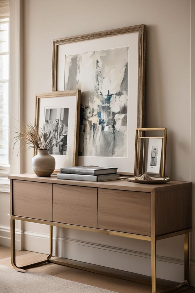Layered art frames leaning on an entry table in elegant entry table decor