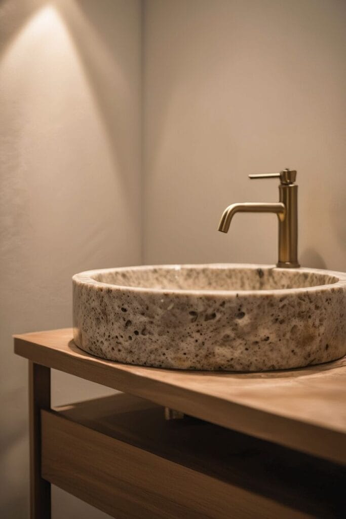 Statement stone sink bathroom decor ideas 2026 with brass faucet