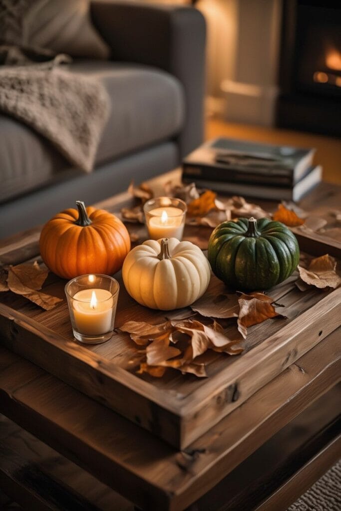 Fall decor ideas coffee table with rustic wooden tray and pumpkins