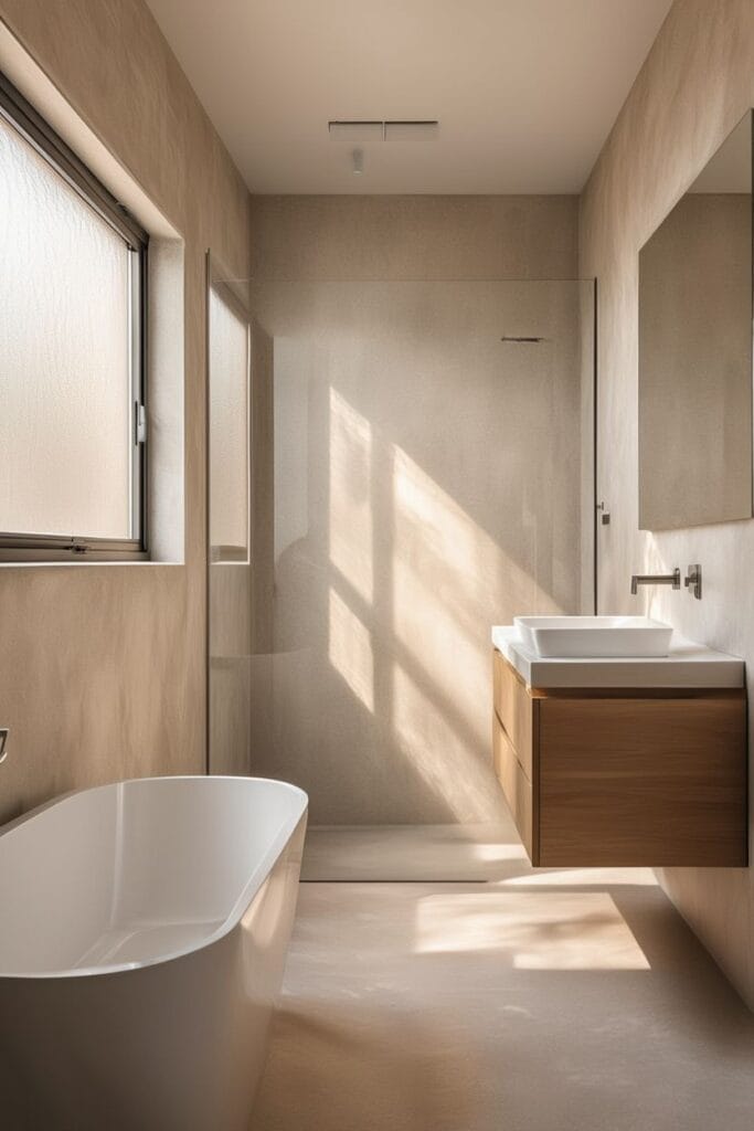 Textured wall bathroom decor ideas 2026 with microcement finish