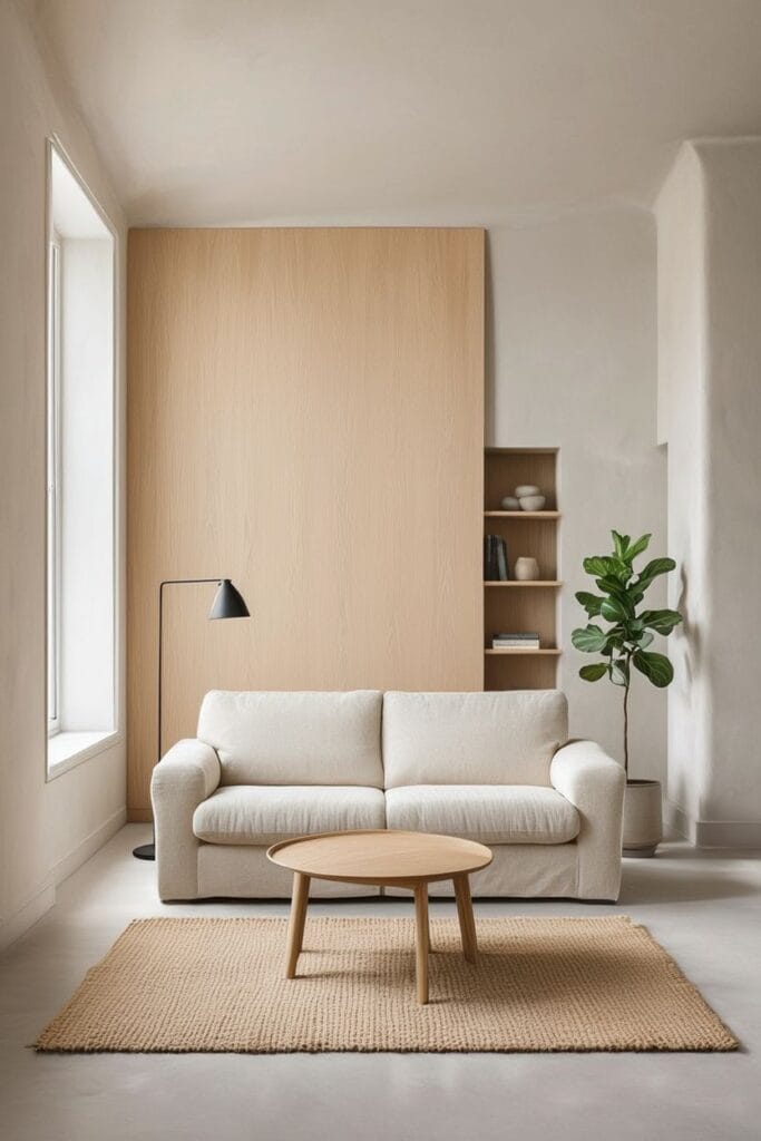 light oak wood accent wall in minimalist home