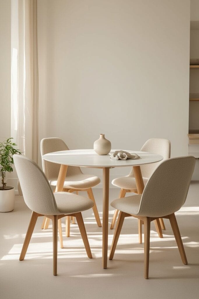 Armless chairs tucked under table in small dining space