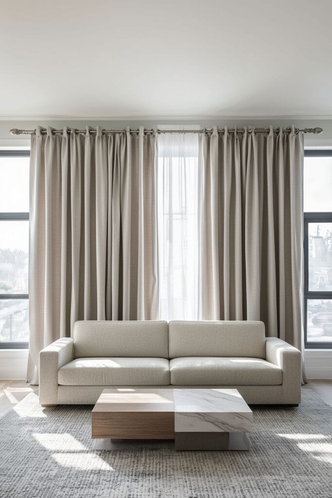 luxury living room with elegant curtain rods and modern curtains