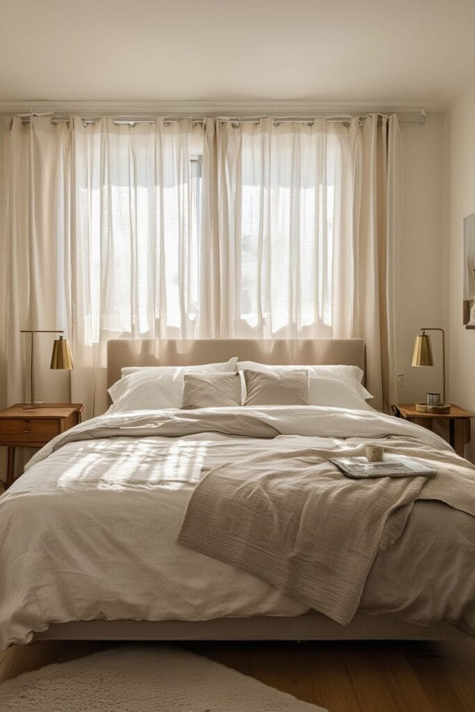 off-white sheer curtains creating a cozy and elegant bedroom