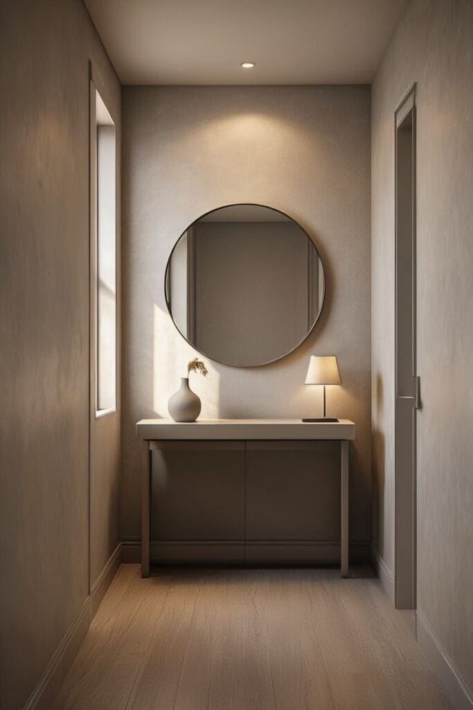 Decorative wall mirror placed behind a console table with symmetrical lamps in an elegant hallway interior 