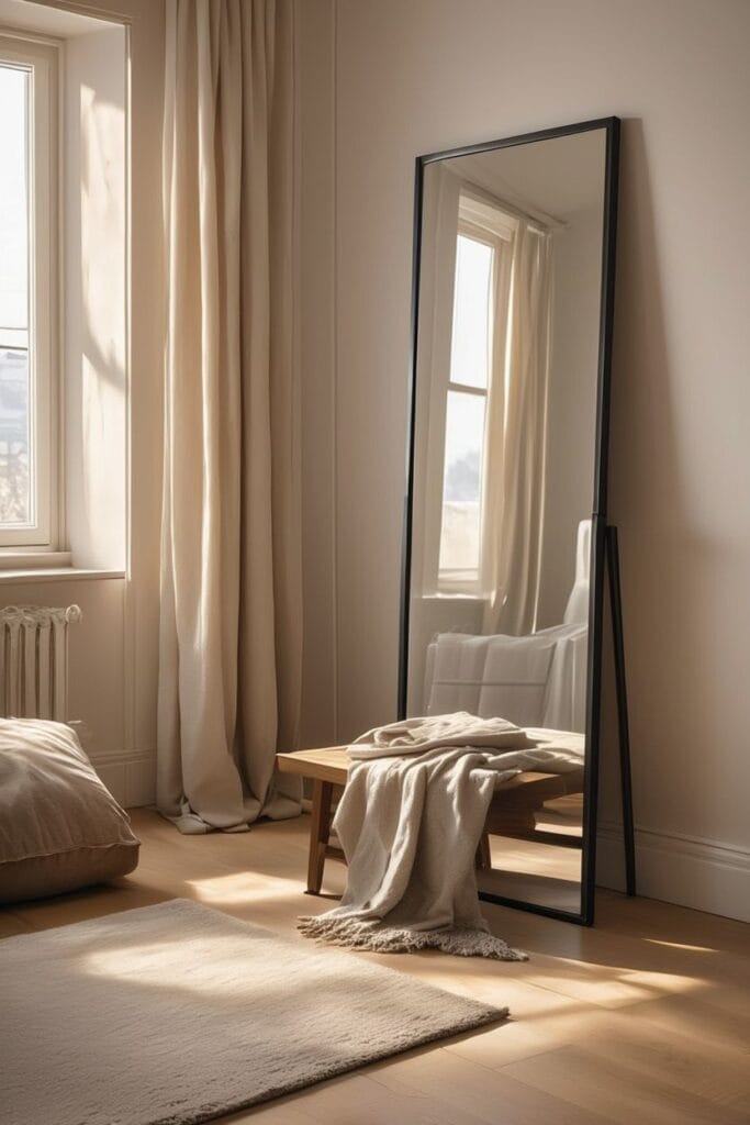 Full length mirror in a modern bedroom corner reflecting natural light and creating an elegant layered interior look