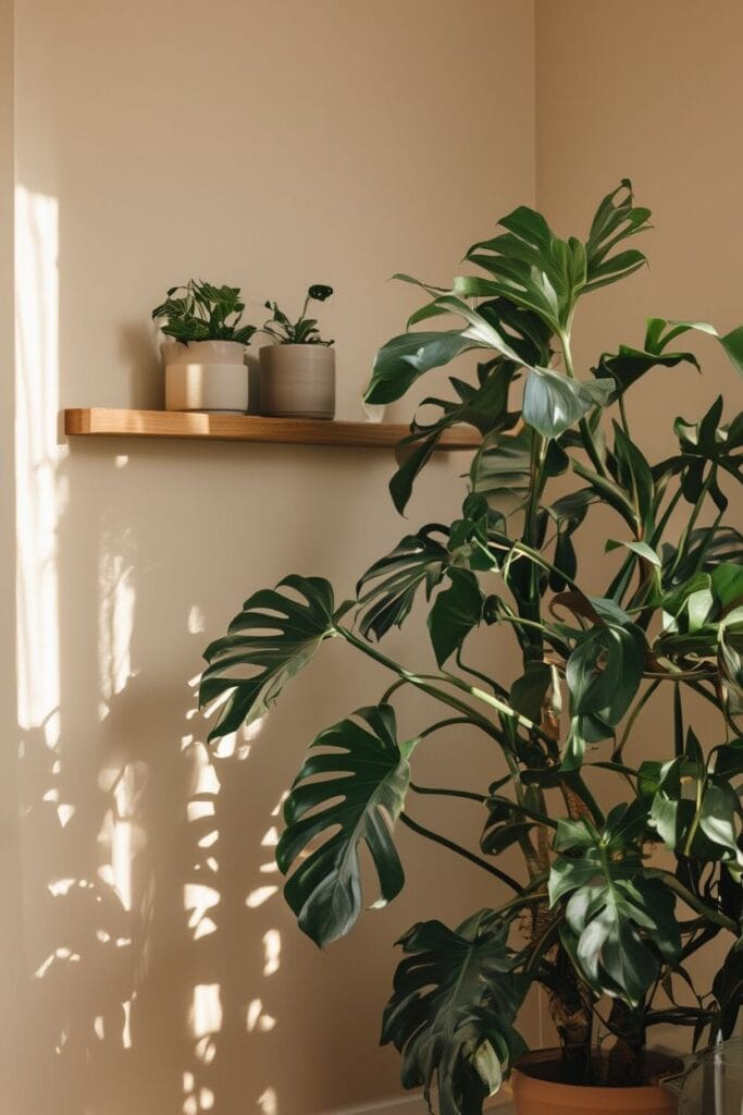 Earthy home interior with large indoor plants and neutral decor 