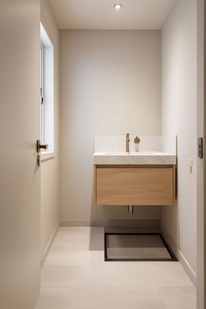 Small bathroom ideas with floating vanity open floor space in warm neutral tones