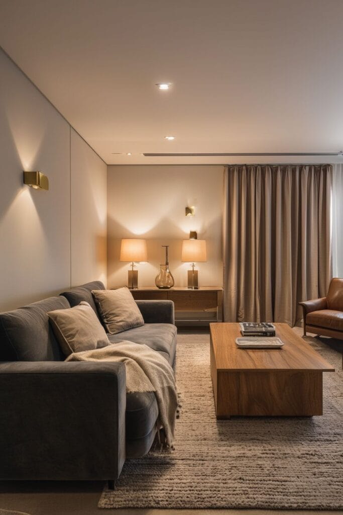 Layered soft lighting room ideas with warm lamps and wall sconces in a cozy living room 