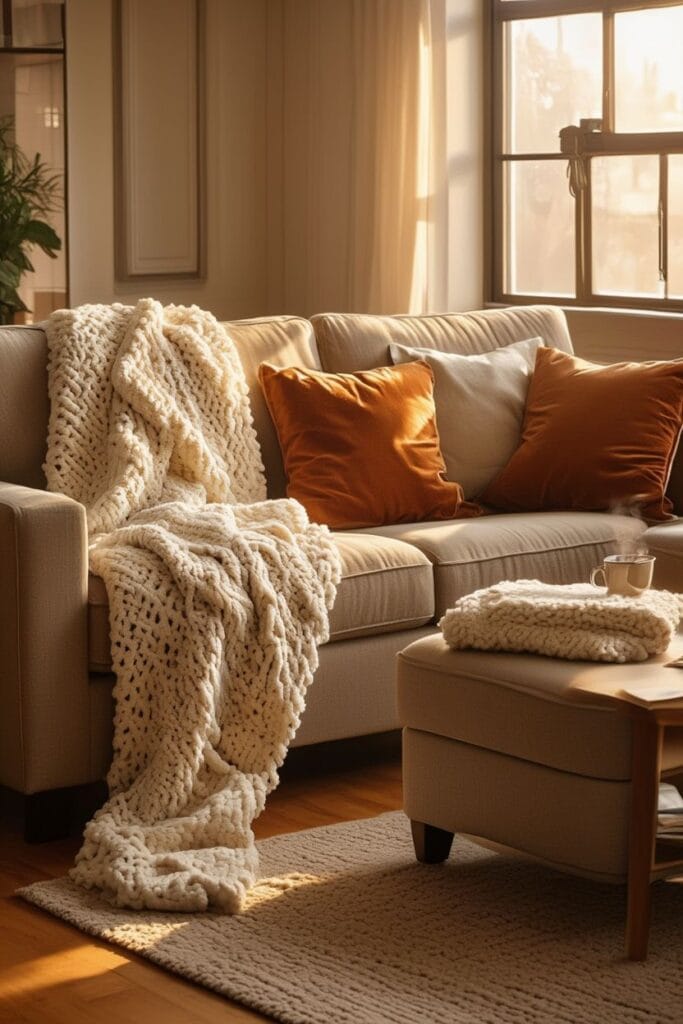 Cozy fall decor ideas with layered knit throws on sofa