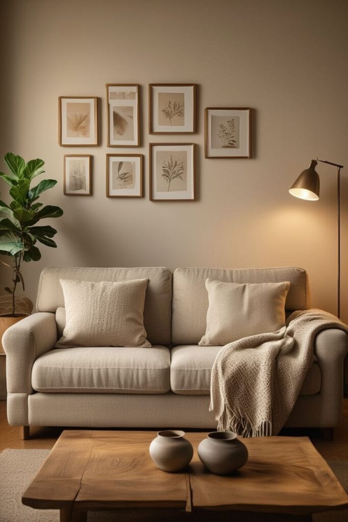 Earthy home interior with nature inspired wall art 