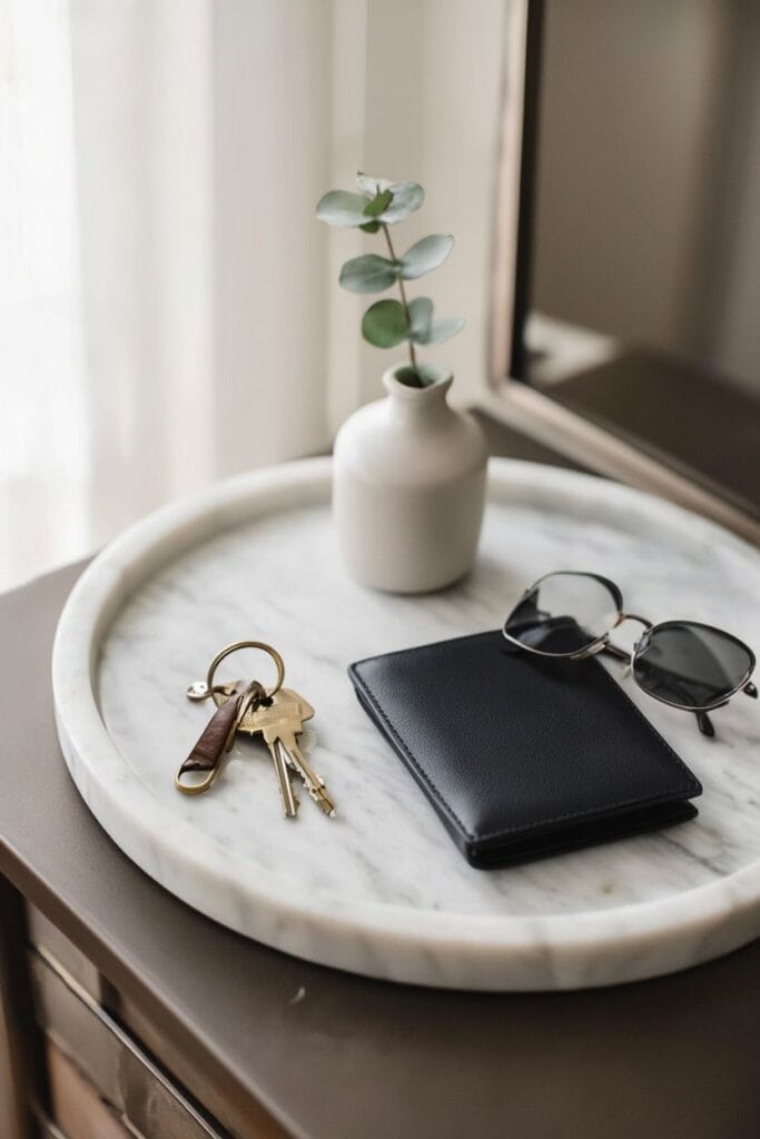 Polished stone tray used for everyday essentials in entry table decor