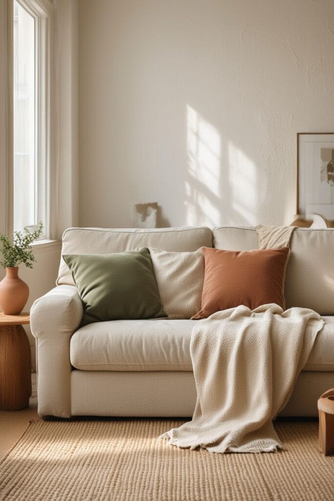 Earthy living room with layered neutral and terracotta tones 