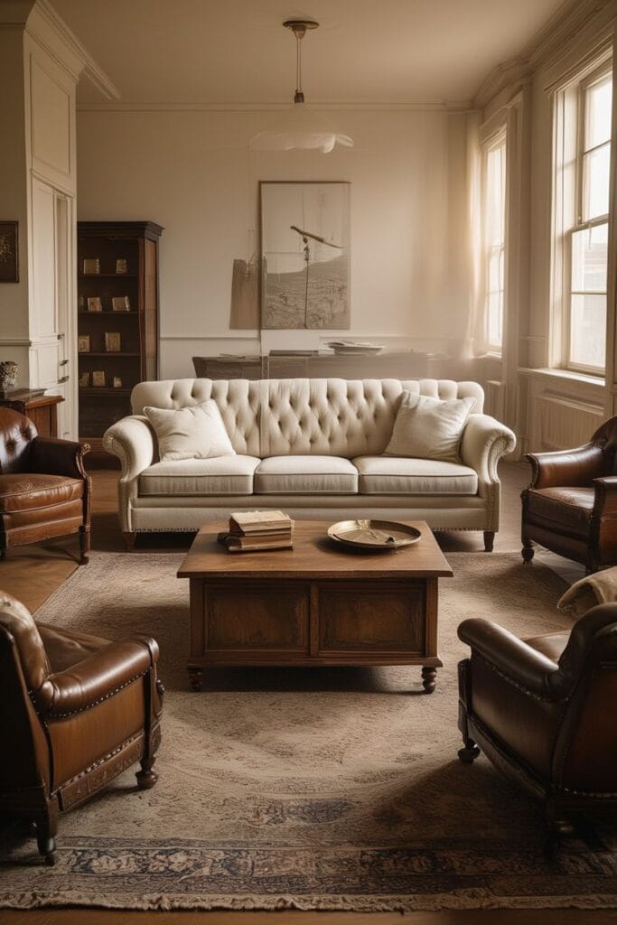 Neutral color palette in rich vintage home decor room 