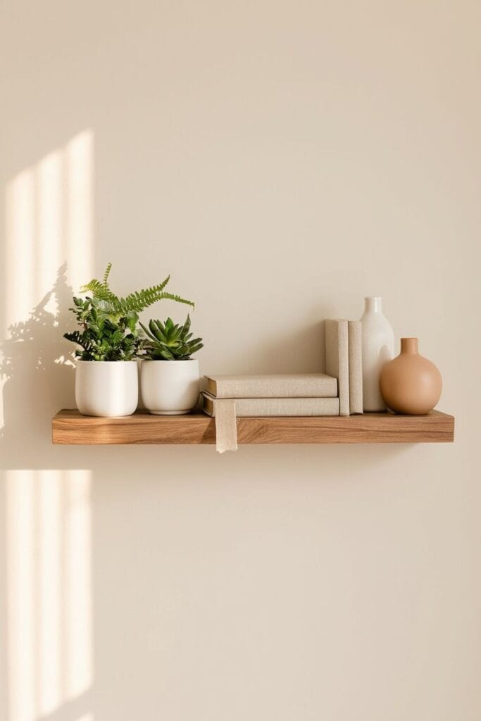 shelf decor accessories with plants and books 